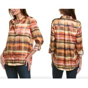 Go Sik Orange Brown Stripe Plaid Buttoned Collared Sedona Blouse Top size XS